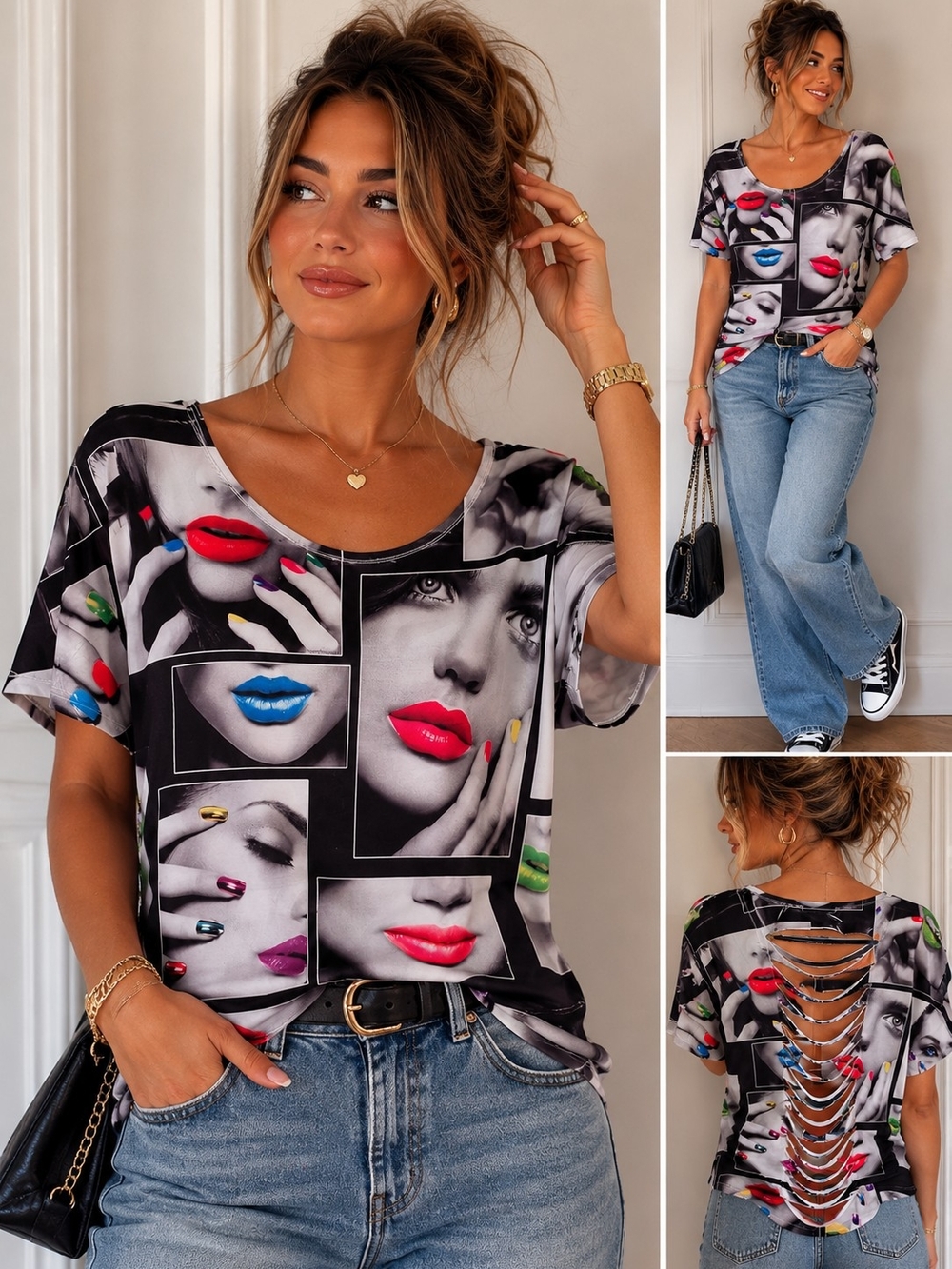 cleo Black Multi Graphic Short Sleeve Top with Cutout Ladder Back